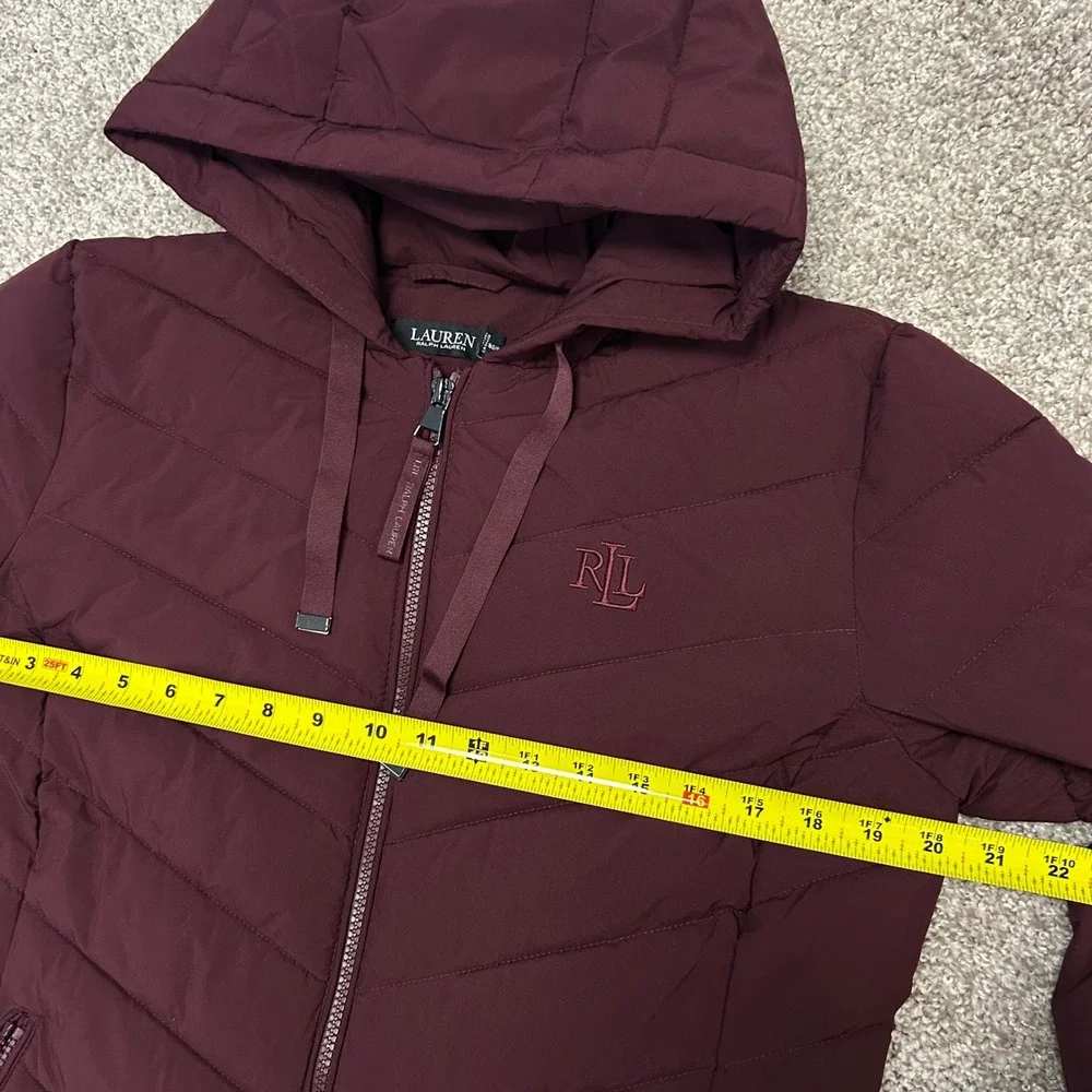 Lauren Ralph Lauren Women Medium Burgundy Quilted Puffer Jacket Hooded Full Zip